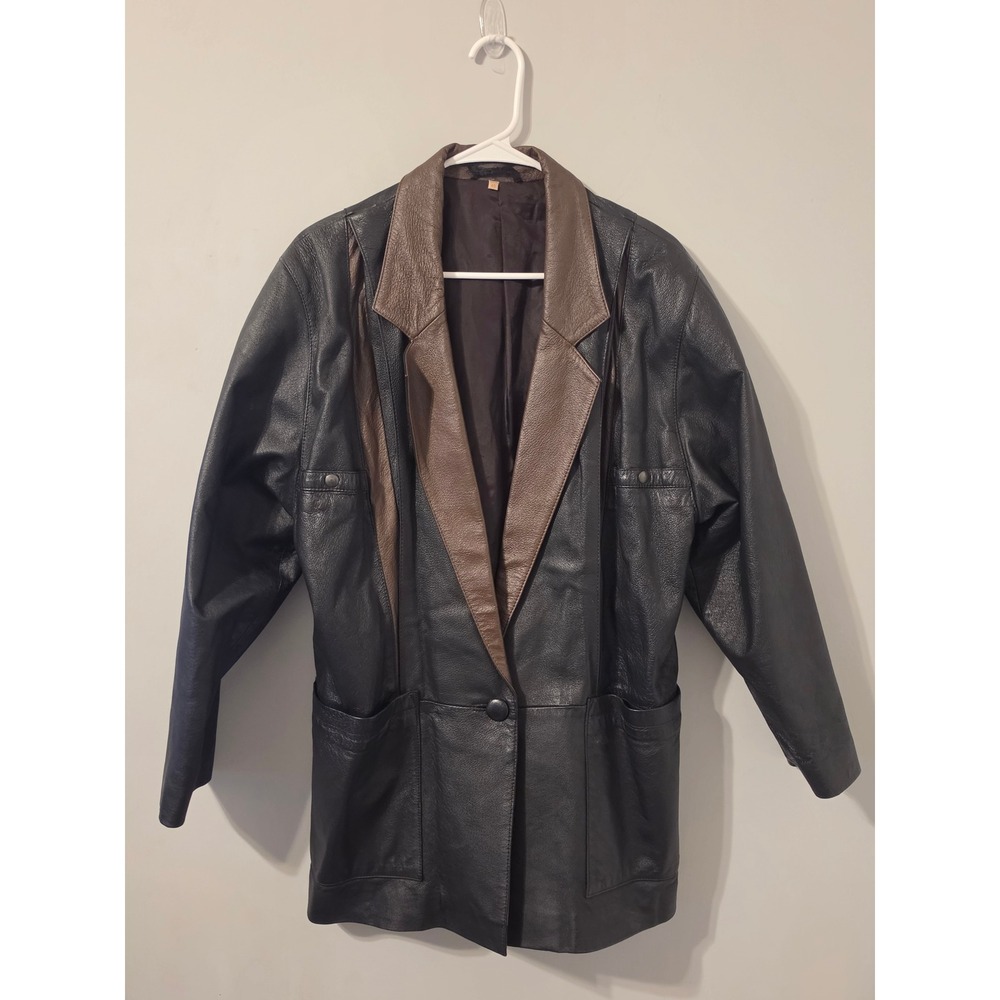 Echtes Leder Leather Jacket Womens 40 Black Brown 1980's Two Tone Vintage Blazer